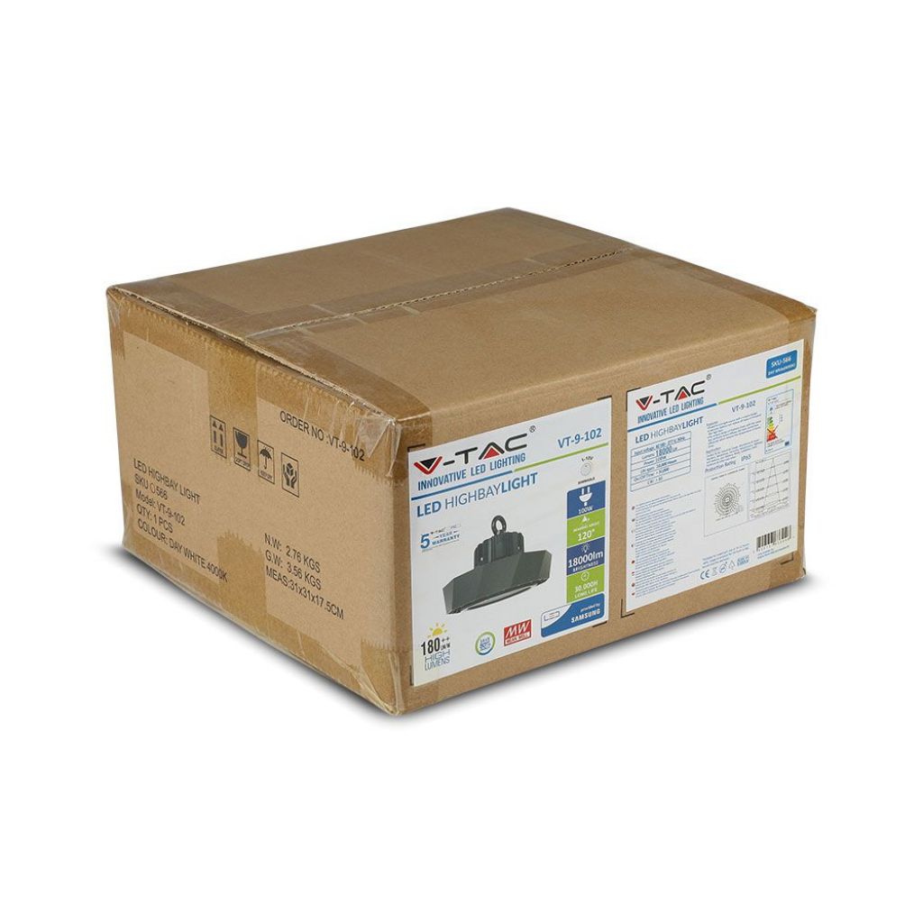 V-TAC PRO Campana Industriale LED 100W UFO, Chip Samsung, 180LM/W, Driver MeanWell, 6400K, IP65, Dimmerabile - VT-9-102